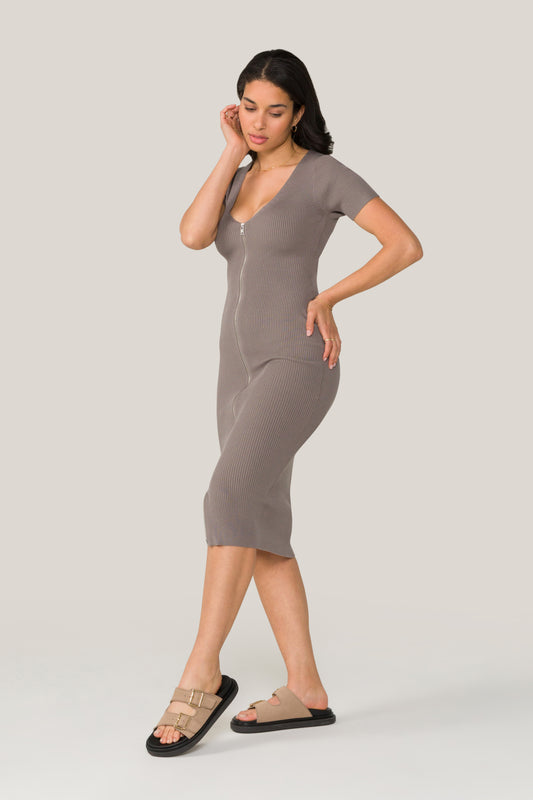 Alala women's knit dress with full-length zipper in light grey