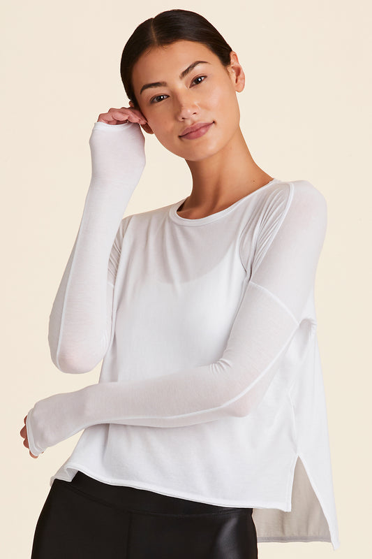 Front view of Alala Women's Luxury Athleisure white long-sleeve super soft tee