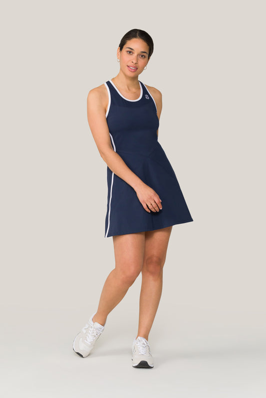 Alala women's tennis dress in navy with white details