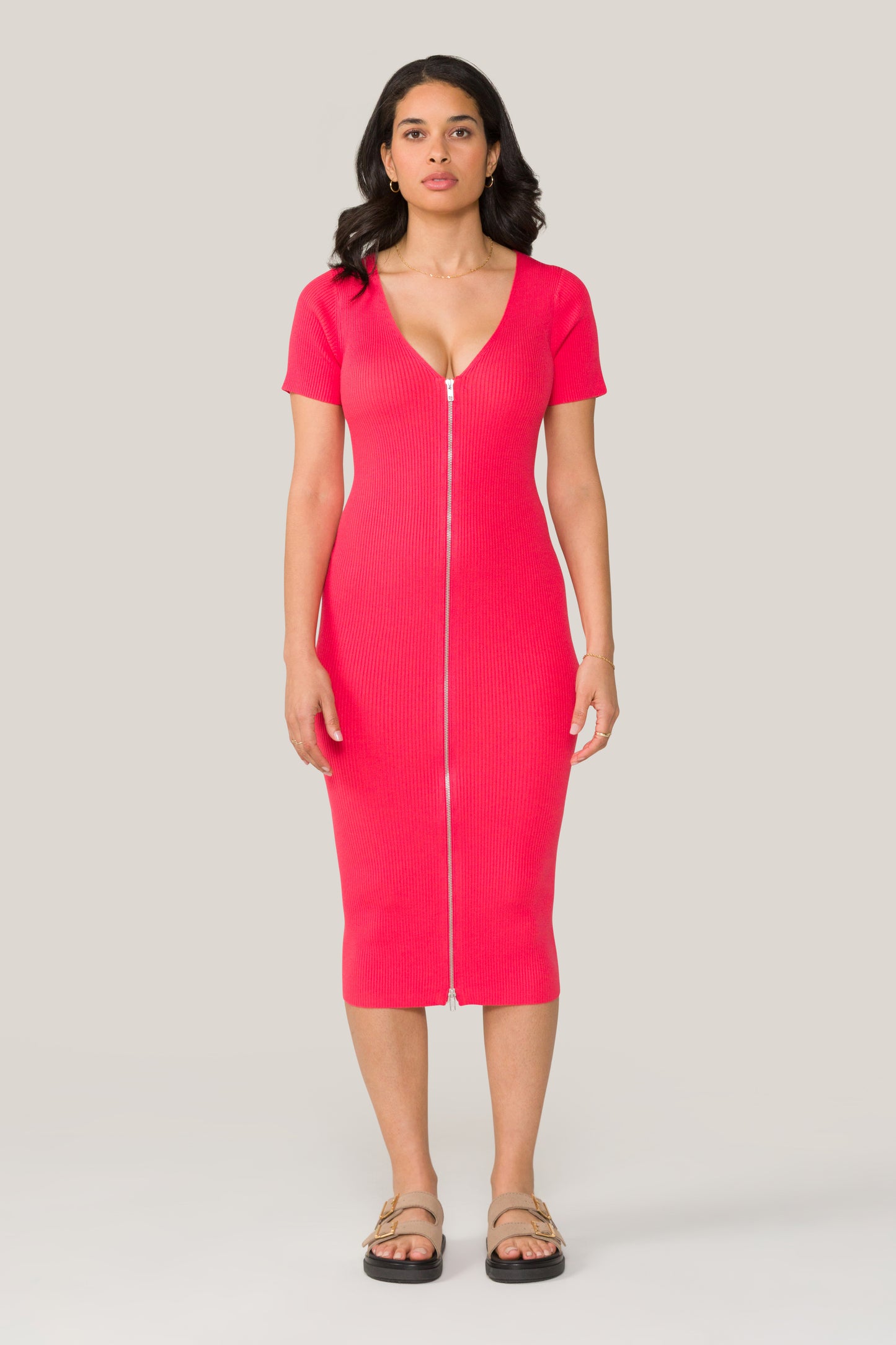 Alala women's knit dress with full-length zipper in coral