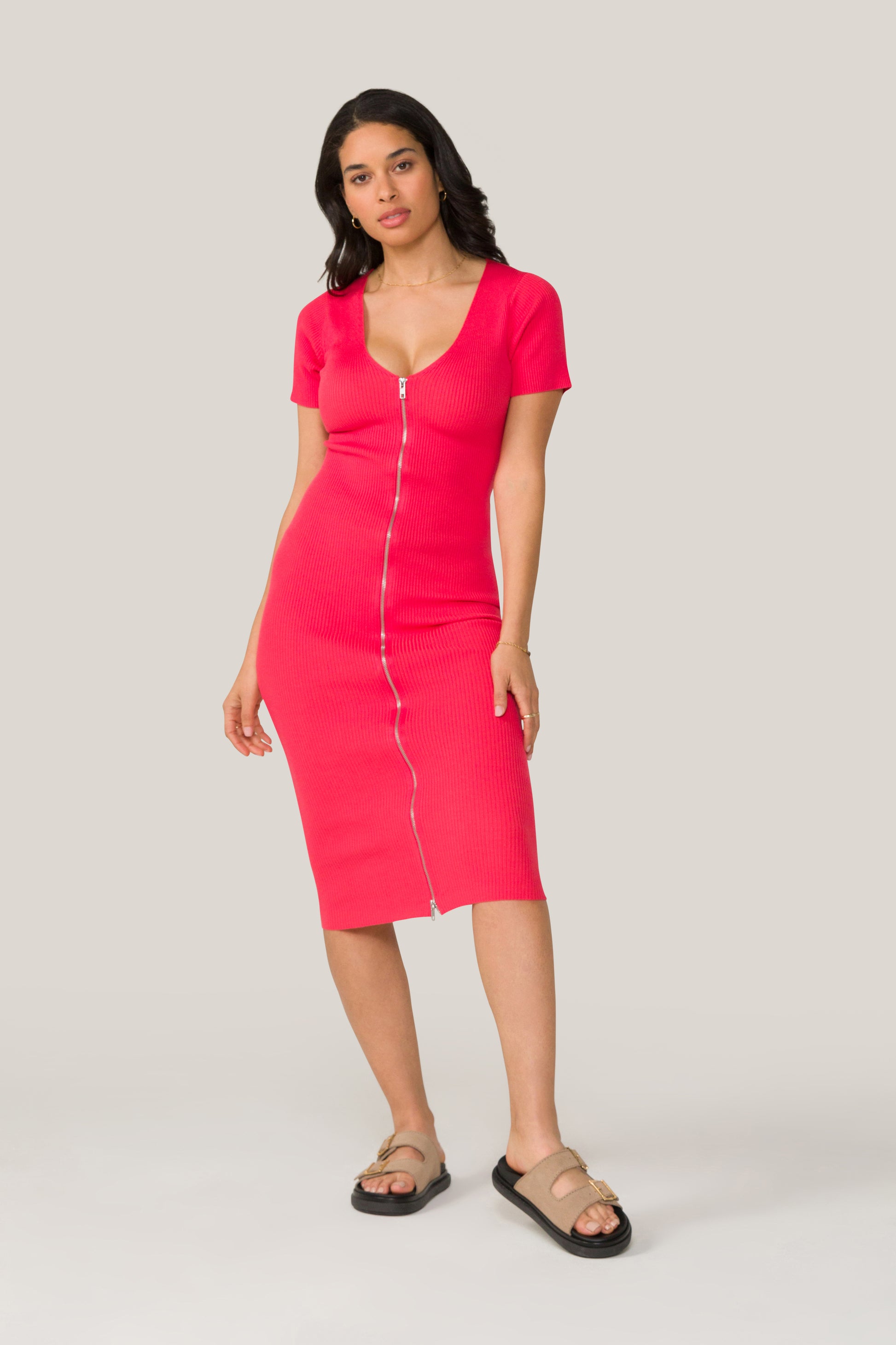 Alala women's knit dress with full-length zipper in coral