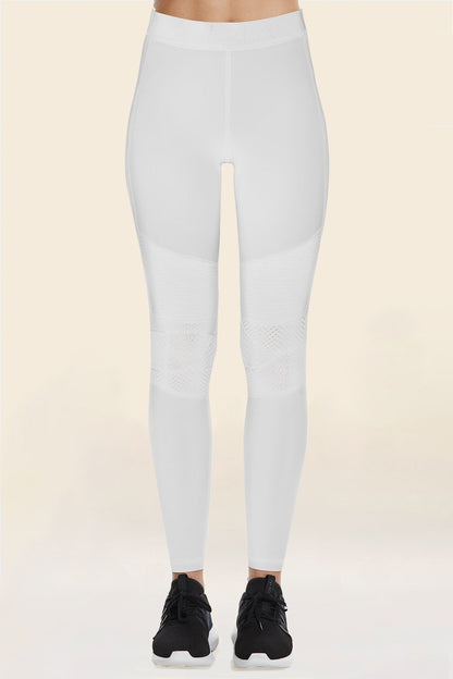 Front view of Alala Women's Luxury Athleisure harley tight in white with lace detailing