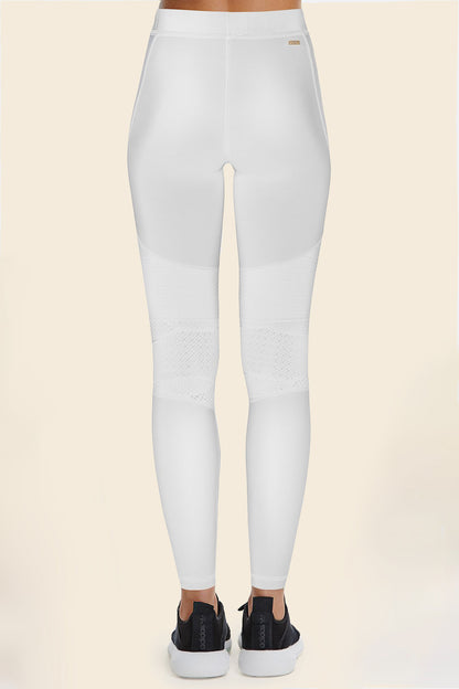 Back view of Alala Women's Luxury Athleisure harley tight in white with lace detailing