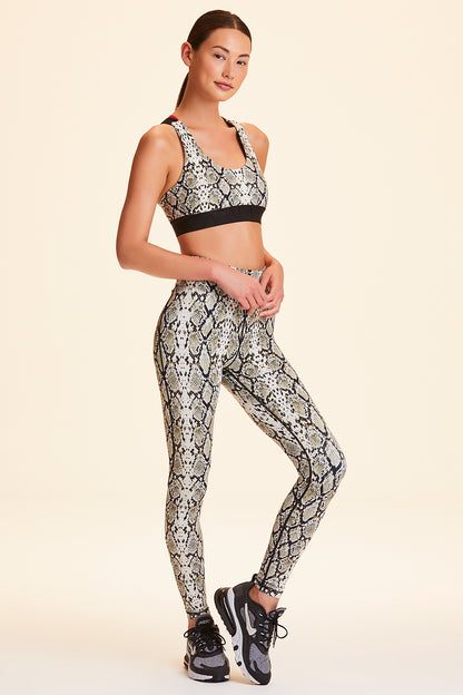 3/4 view of Alala Women's Luxury Athleisure snakeprint tight with mesh paneling on back of knees