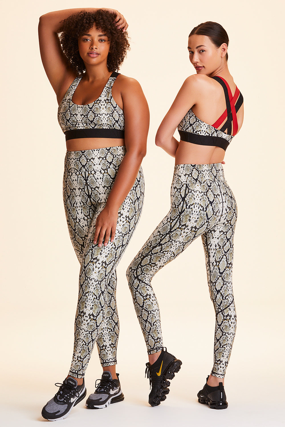 Front and side view of Alala Women's Luxury Athleisure snakeprint tight with mesh paneling on back of knees