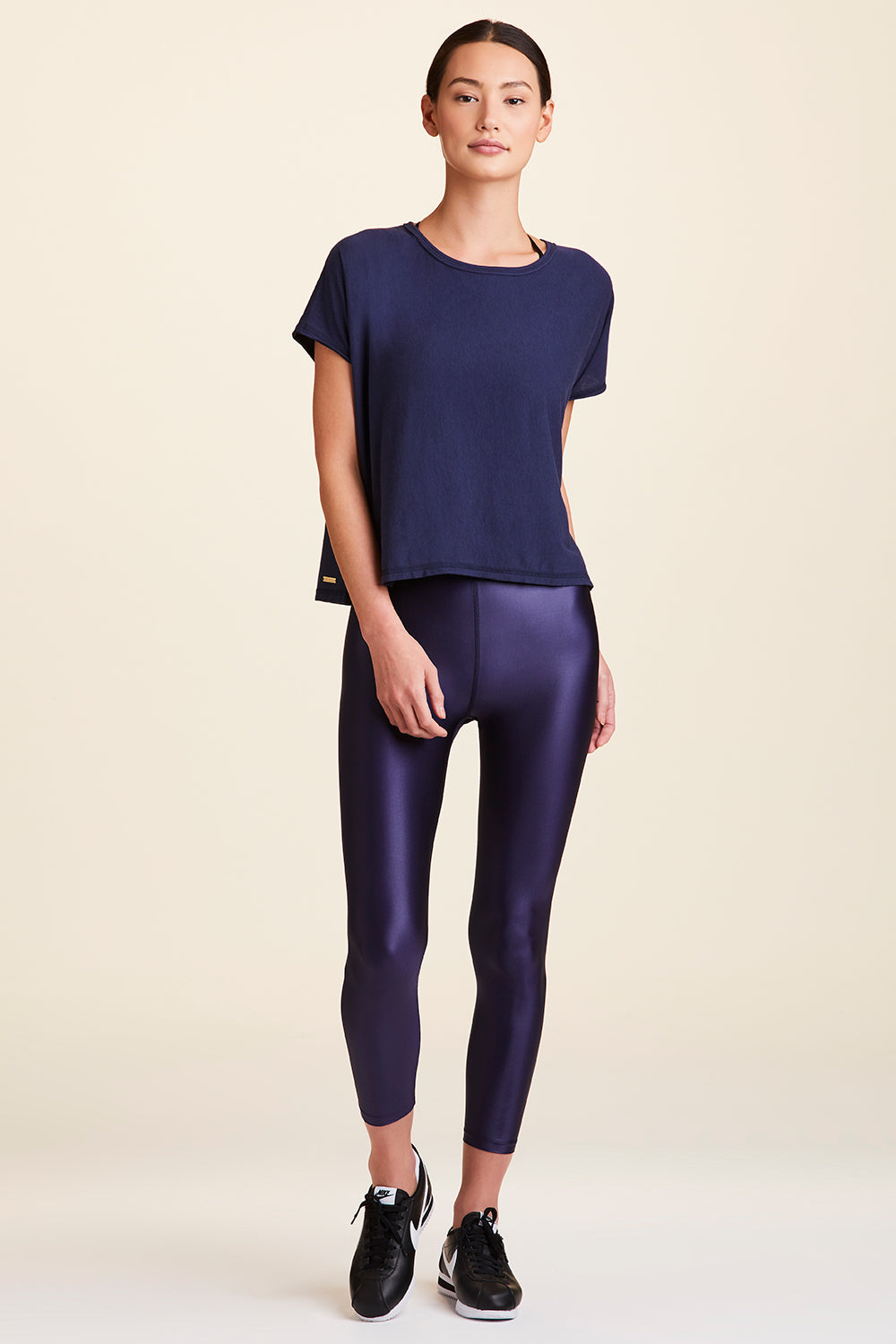 Front view of Alala Women's Luxury Athleisure super-soft tee in solid Navy
