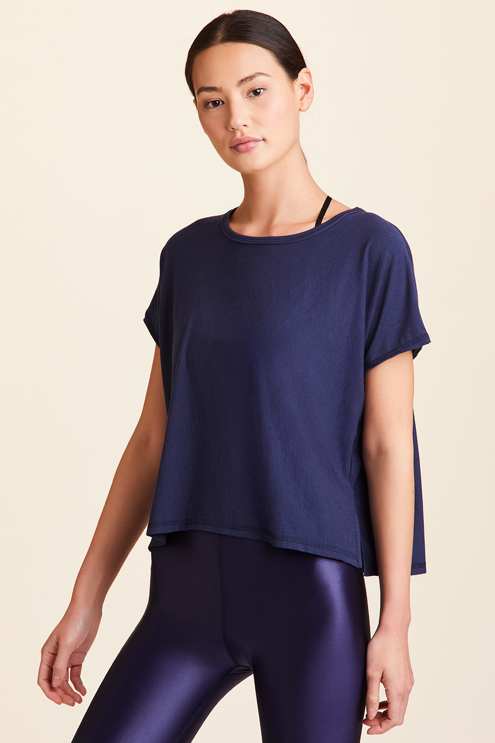 3/4 view of Alala Women's Luxury Athleisure super-soft tee in solid Navy