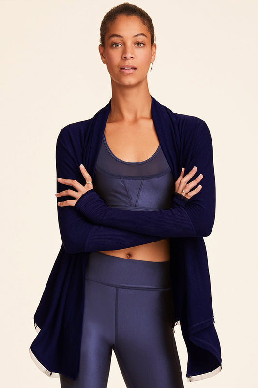 Front view of Alala Women's Luxury Athleisure navy cardigan