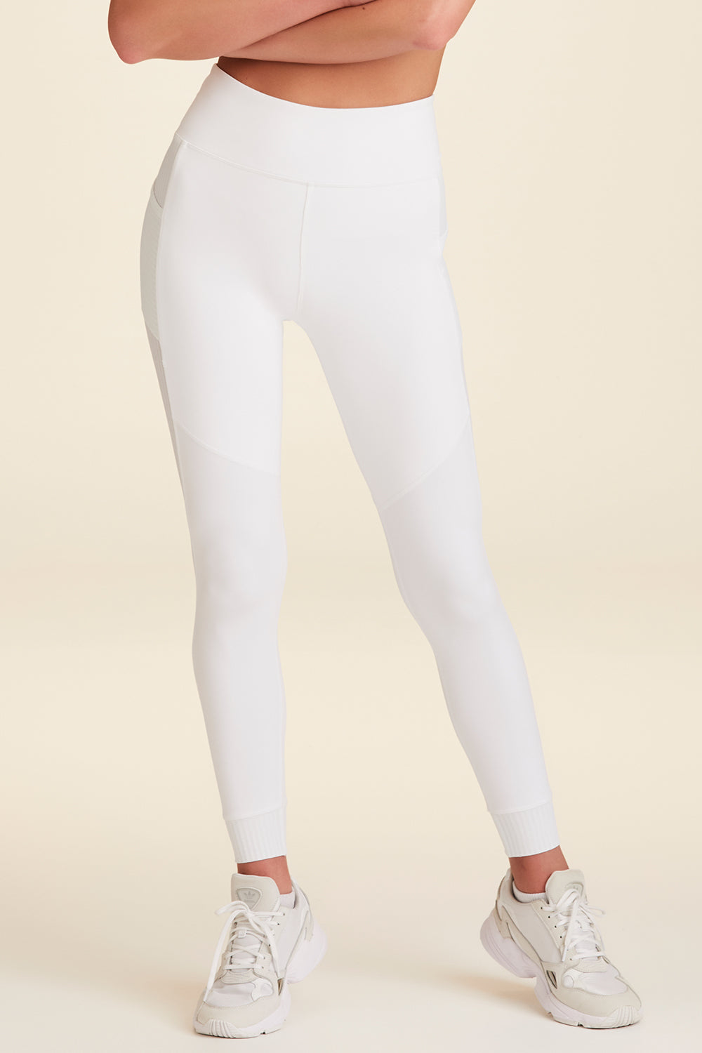 Lower body front closeup of white Mirage Tight showing length and fit