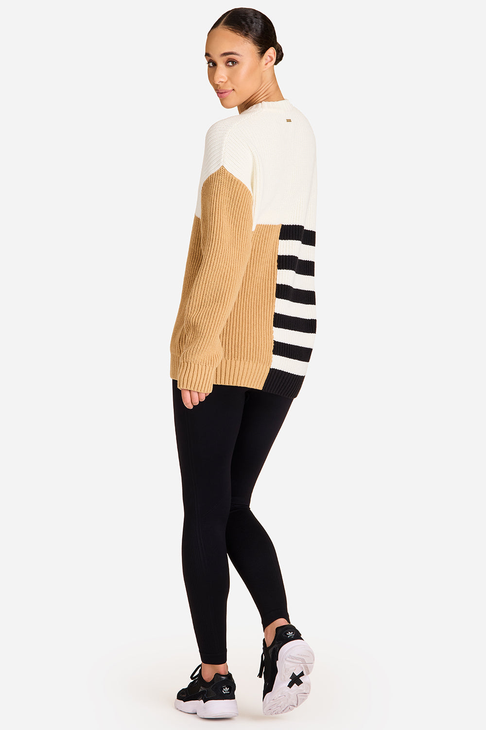 Alala knit sweater in camel, black, and bone