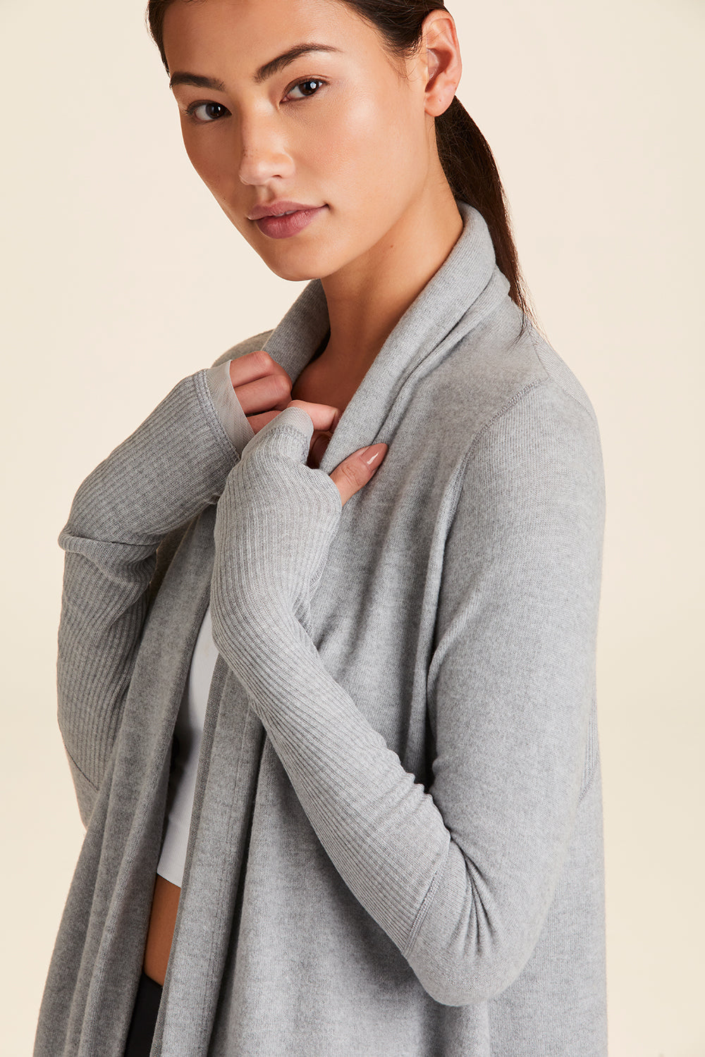 3/4 front view of Alala Women's Luxury Athleisure grey super-soft cardigan