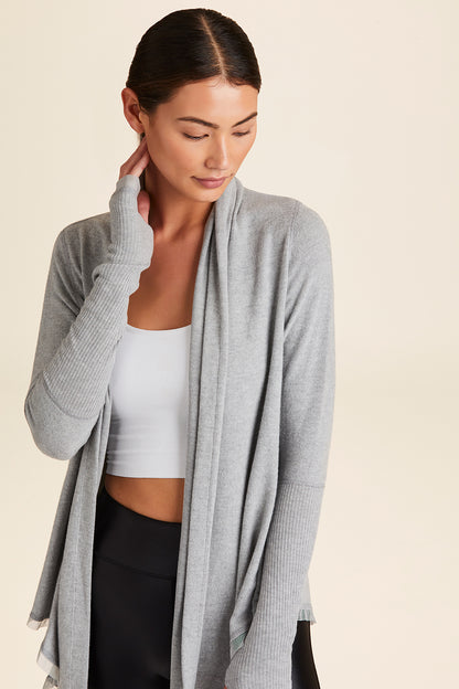 Front view of Alala Women's Luxury Athleisure grey super-soft cardigan