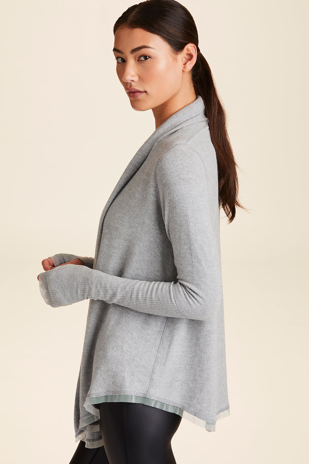 Side view of Alala Women's Luxury Athleisure grey super-soft cardigan
