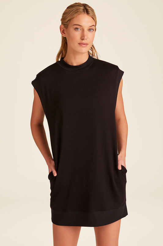Front view of Alala Luxury Women's Athleisure plie dress in black