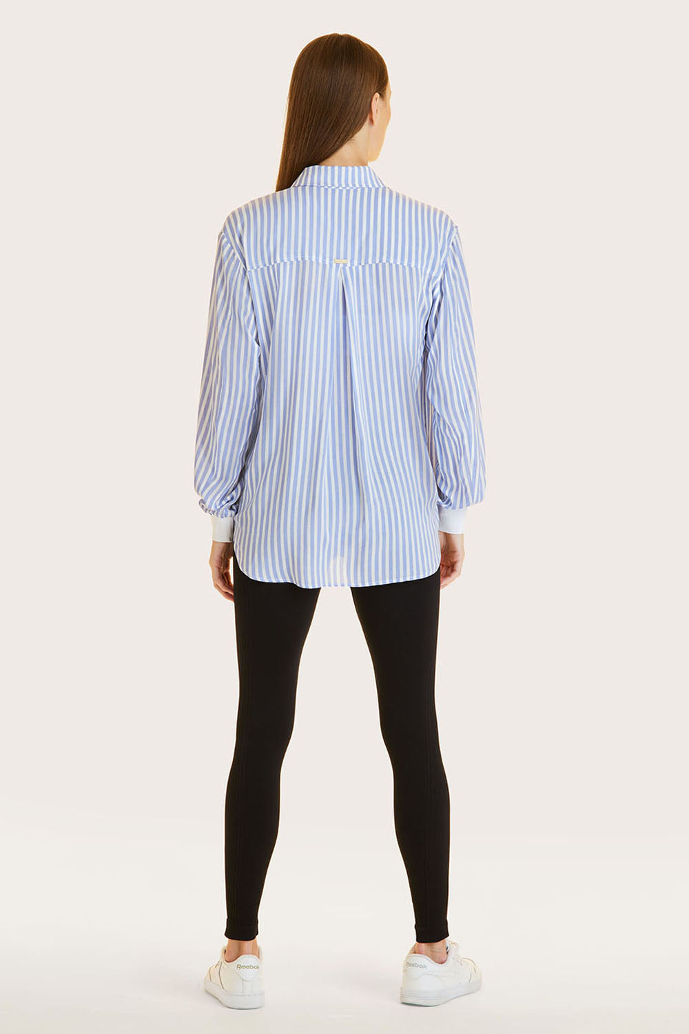 Alala women's collared blouse in blue and white stripe