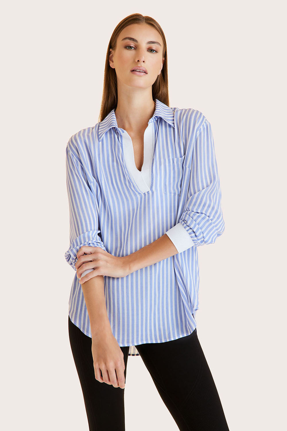 Alala women's collared blouse in blue and white stripe