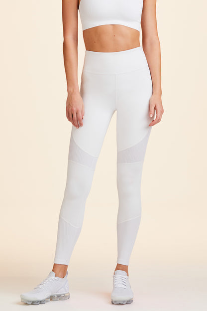 Front view of Alala Women's Luxury Athleisure white tight with rib detail