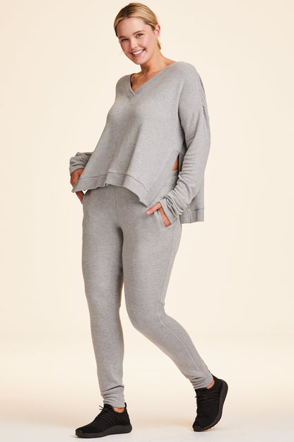 3/4 view of Alala Women's Luxury Athleisure super-soft grey sweatshirt