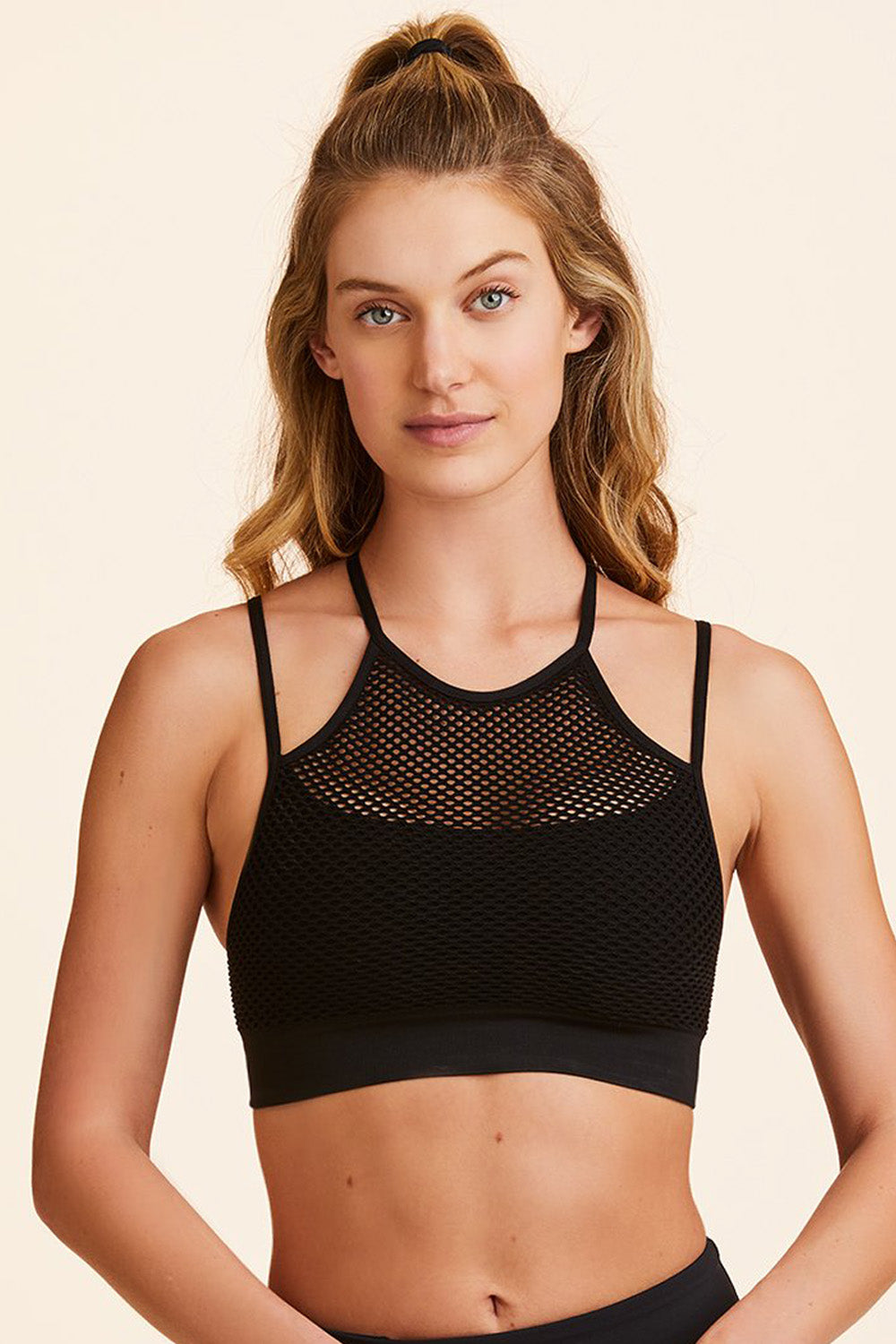Front view of Alala Women's Luxury Athleisure black seamless bra with double straps