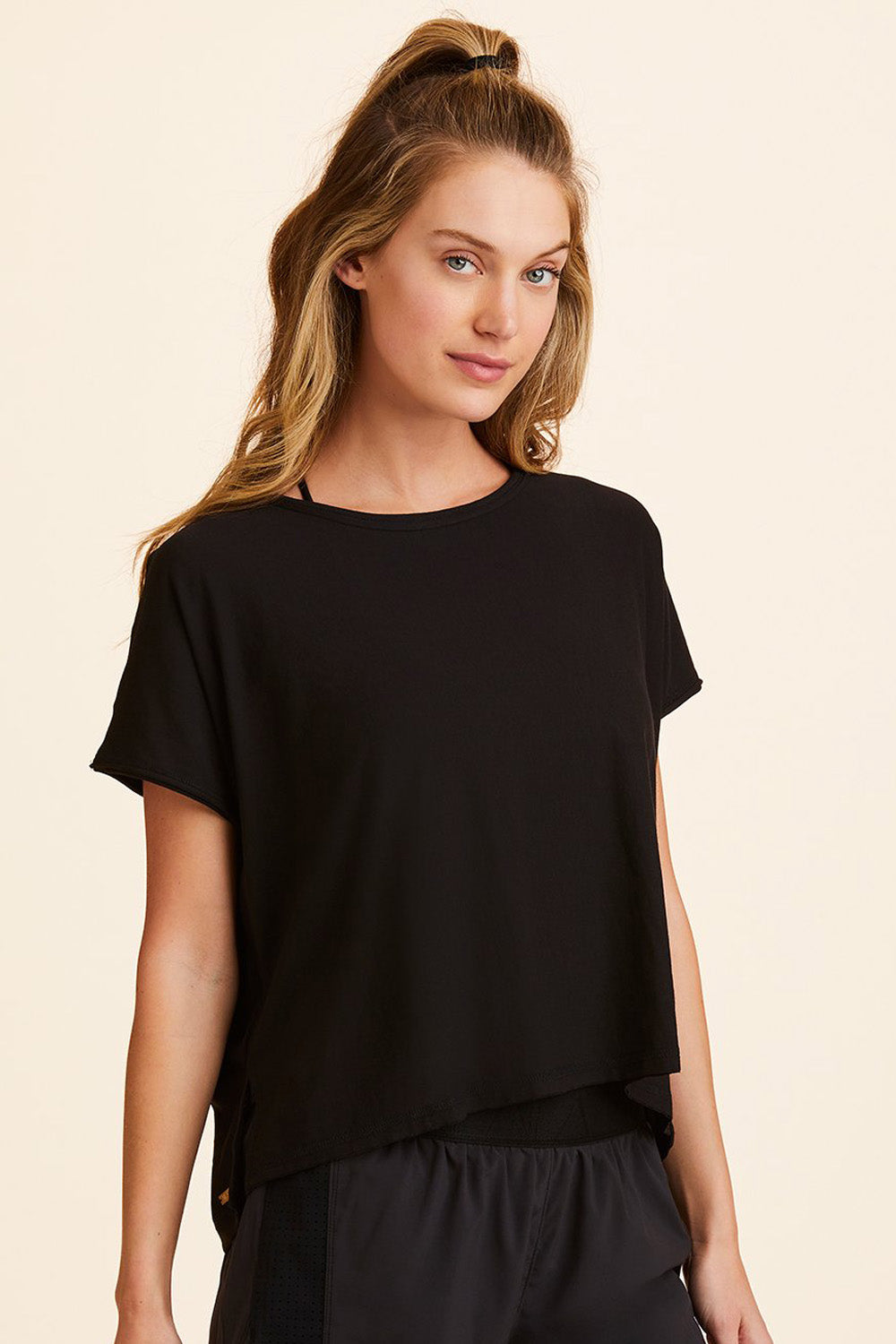 Front view of Alala Women's Luxury Athleisure super-soft tee in solid Black