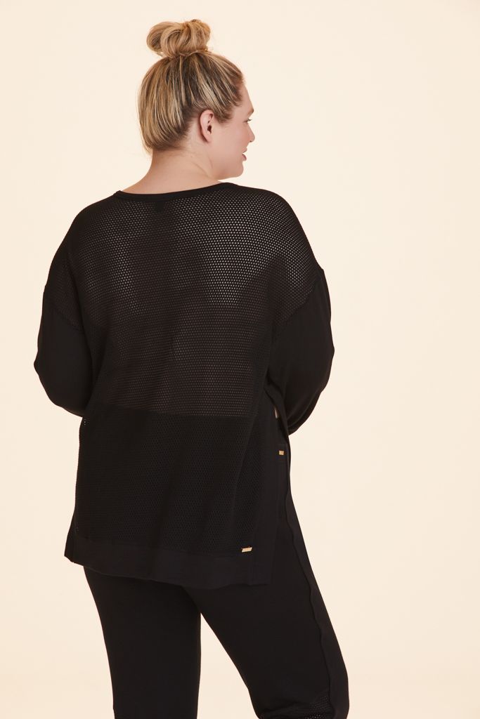 Back view of Alala Women's Luxury Athleisure black crewneck sweatshirt in plus size